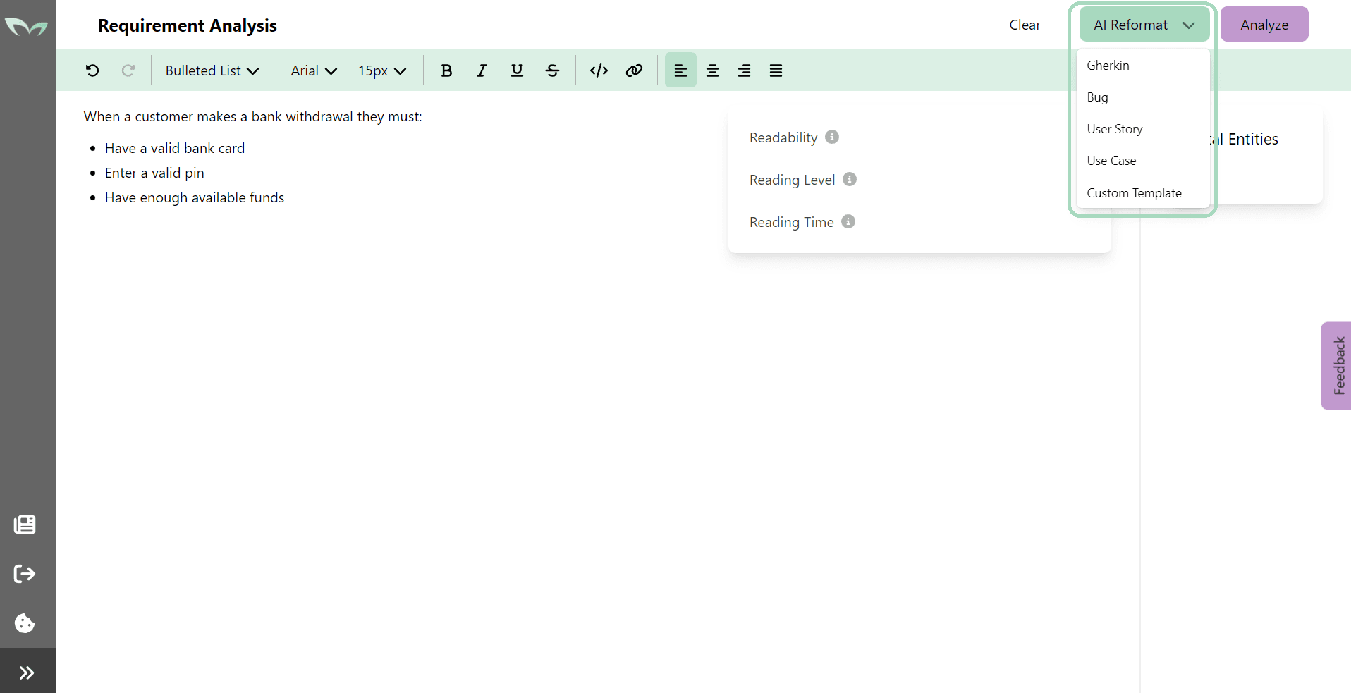 A focused indicator of the 'AI Reformat' button showing a dropdown once clicked with 'Custom Template' as one of the dropdown options.