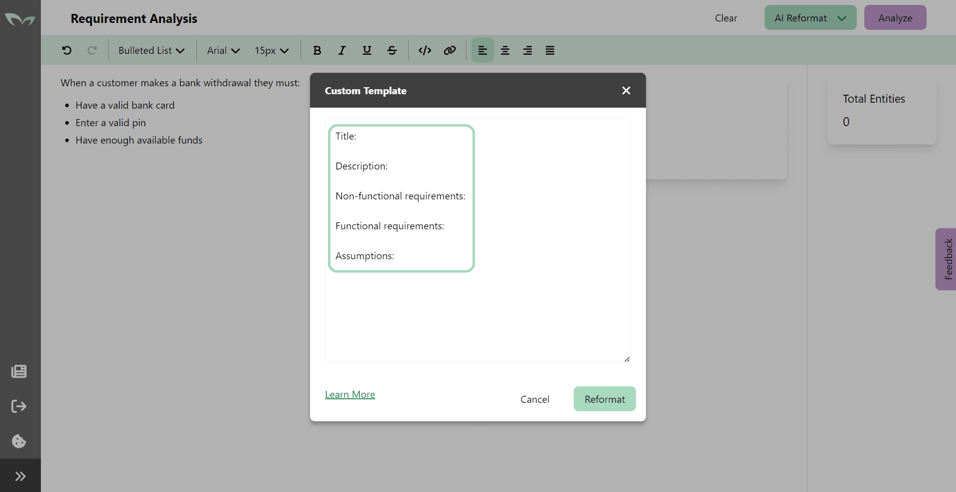 A popup modal filled in with a custom template of Title, Non-functional requirements, Functional requirements, and Assumptions.