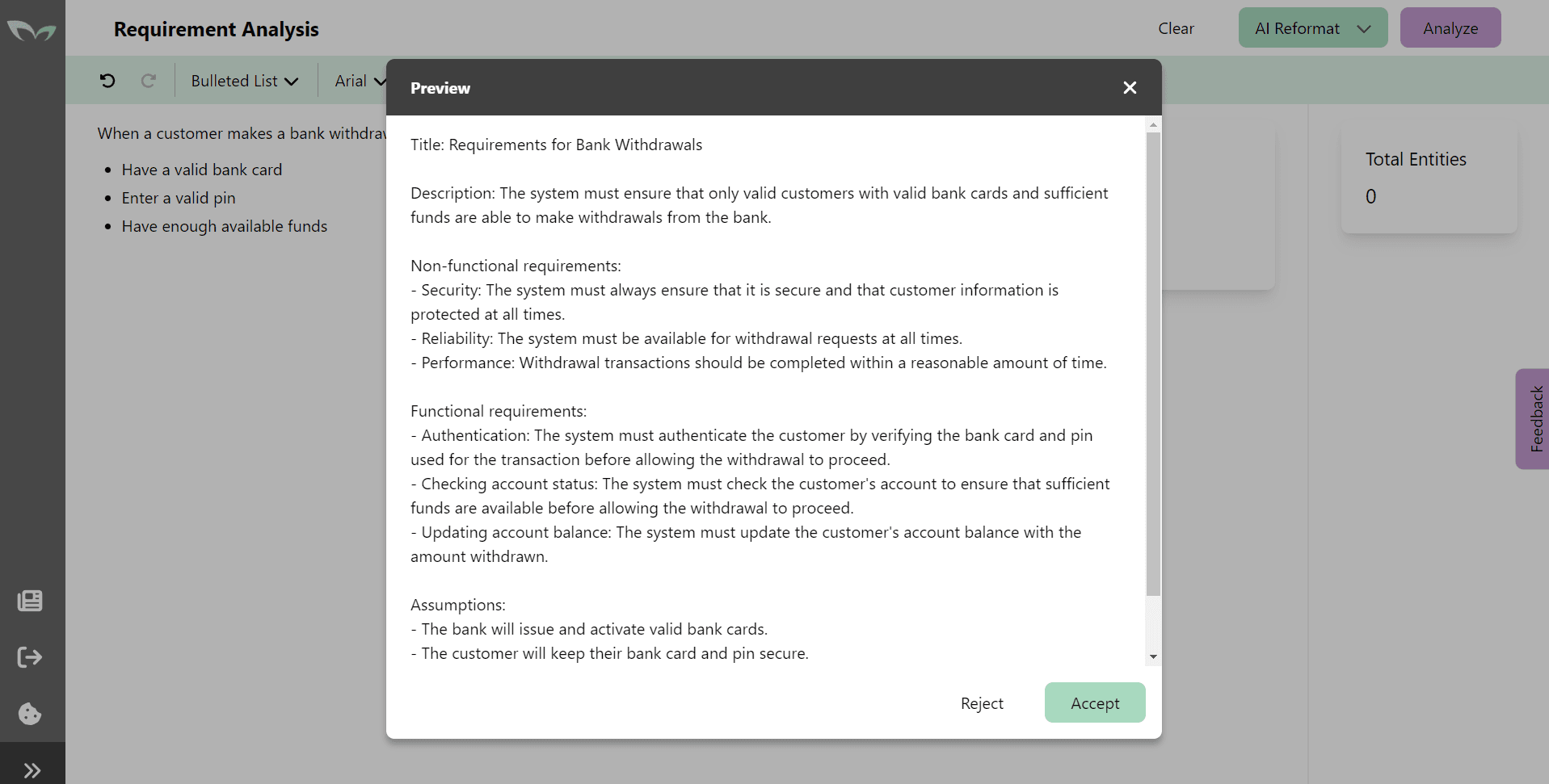 Preview popup modal to view the proposed changes after Requiremint has worked it's magic after clicking the 'Reformat' button in the previous step.